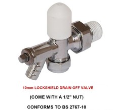 10mm Angled Radiator Valve Lockshield Drain Off Chrome/White 10mm x 1/2" *NEW*