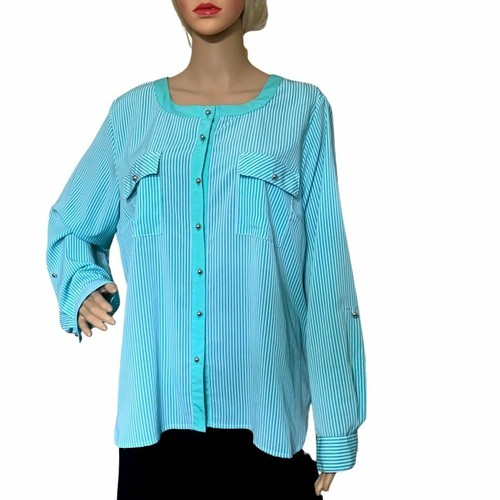 Element Z Top Blouse Striped Women Green White Long Sleeve Button Down Size XL