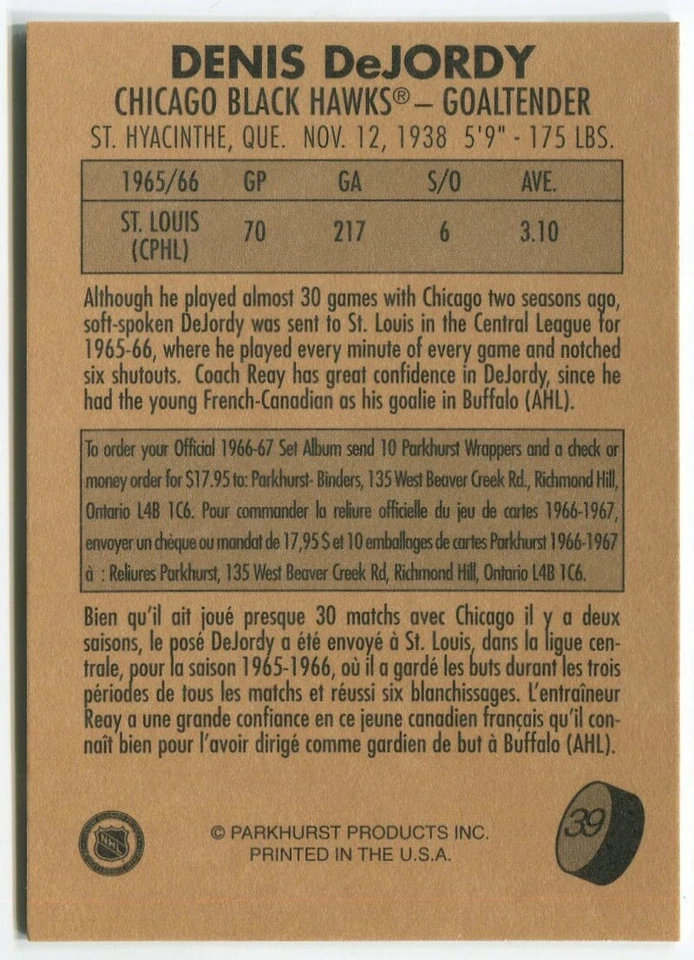 1995 Parkhurst Missing Link (1966-67) #39 Denis DeJordy Chicago Blackhawks - Image 2 of 2