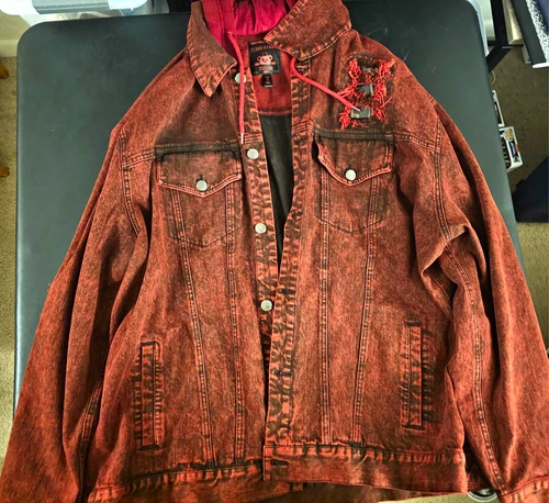 CLOAK FNAF Hooded Foxy Captains Coat Red Denim Jacket 4XL Used Good Condition - product listing photo