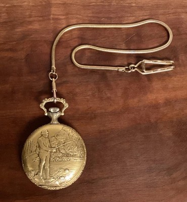 Vtg Ever Swiss 17 Jewels Pocket Watch Gold Tone Fishing Scene Frozen For Repair