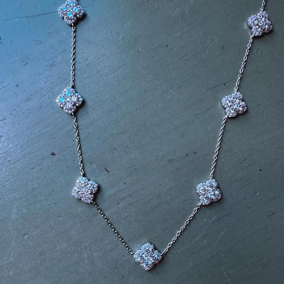 14k White Gold Round Natural Diamond Clover Style Station Necklace 18'' For Her