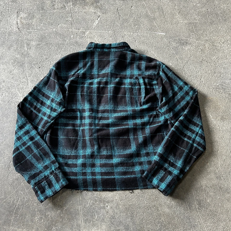 Rusty Cropped Flannel Shirt Men's XL Black Green Plaid Button Up Slim Fit Grunge - Image 4 of 4