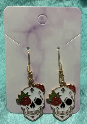 Colorful Skull Dangle Earrings. Unique, Party, Cute, Festive, Shiny, Halloween