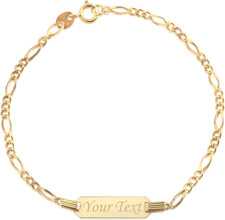 14K Gold ID Bracelet Engravable Girls Boys Kids Baby Infant, Personalized Figaro