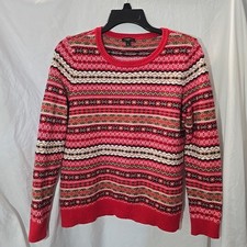 Talbots Fair Isle Sweater Women's Crewneck Black Red Brown Size M Petite