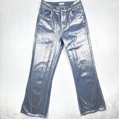 Sandro Paris Jeans Women FR 38 Silver Metallic Coated Denim Straight Leg P65634E