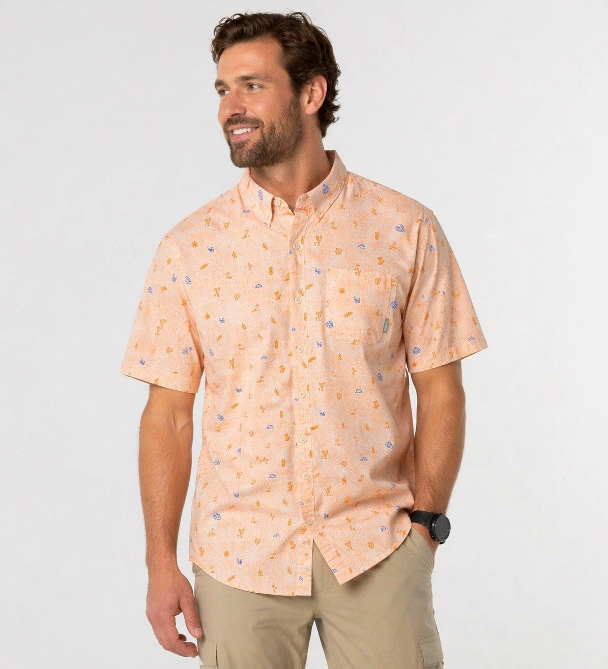 Columbia Button Up Shirt Mens XL Orange Blue Print Short Sleeve Outdoor Casual