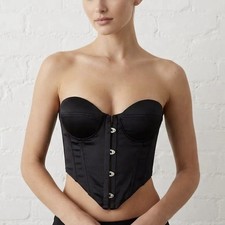 AKIRA Black Satin Wired Corset Bustier Top Strapless Front Hook Closure Size S