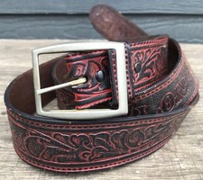 Western Tooled Leather Belt Tex Tan Cowhide USA Lone Star Vintage W/Buckle Sz 44