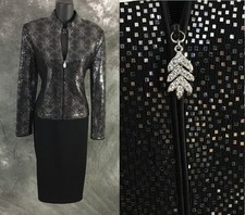 BEAUTIFUL st john evening knit black rhinestones embellished skirt suit 6