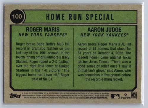 Aaron Judge Roger Maris 2023 Topps Heritage High Number Home Run Special #100 - Photo 2 sur 2
