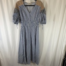 Loft Maxi Dress Women's Medium Blue Striped Short Sleeve Vneck Elastic Waist