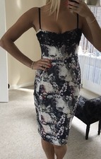 Lipsy Bodycon Dress Size 16 Black Pink Flora Lace Midi Occasion Wedding Evening