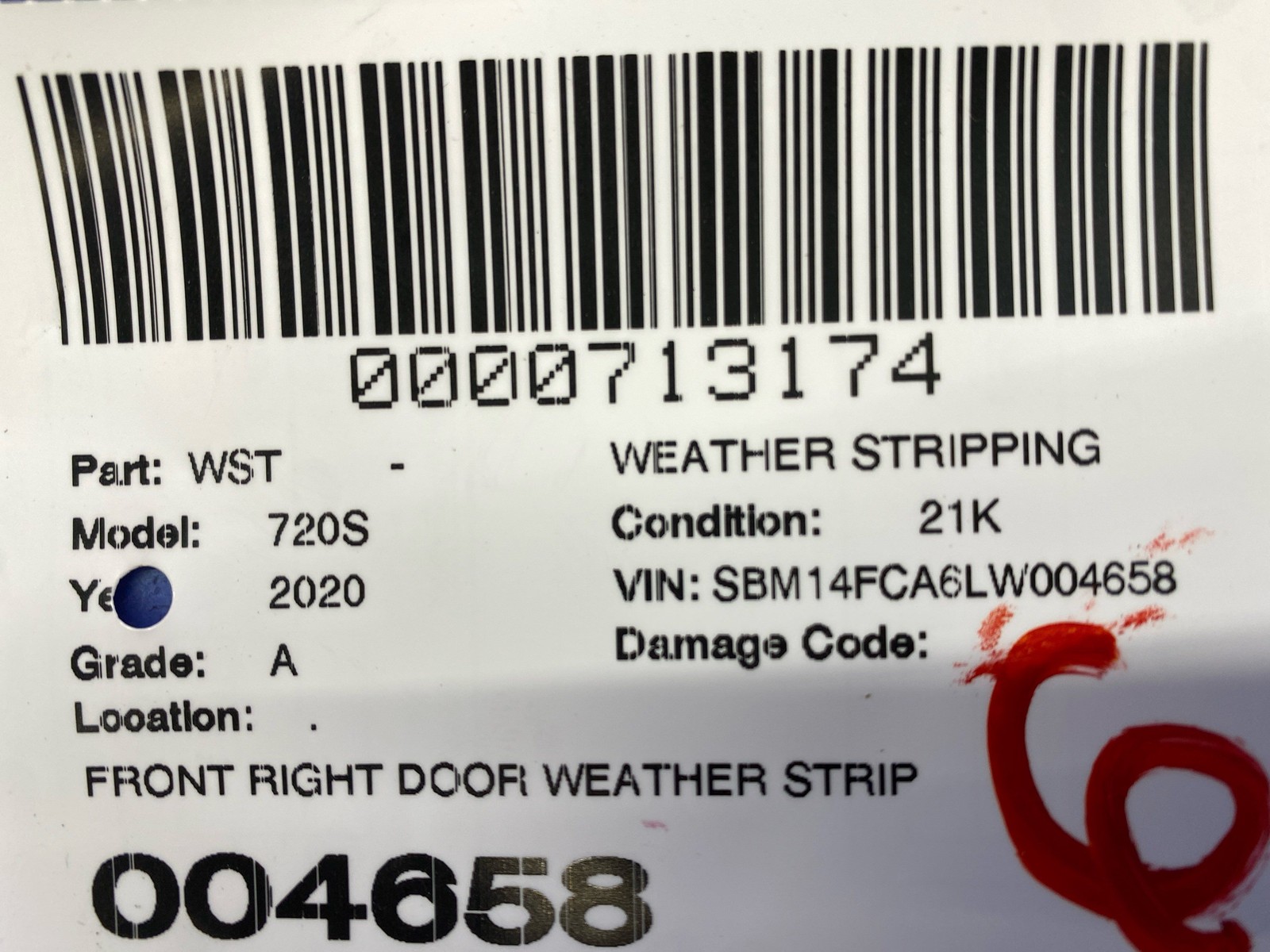 2018-2023 MCLAREN 720S FRONT RIGHT DOOR WEATHER STRIP STRIPPING SEAL RUBBER OEM