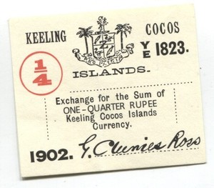 Keeling Cocos Islands 1902 1/4 Rupee Note P#S124 XF/AU See Scans