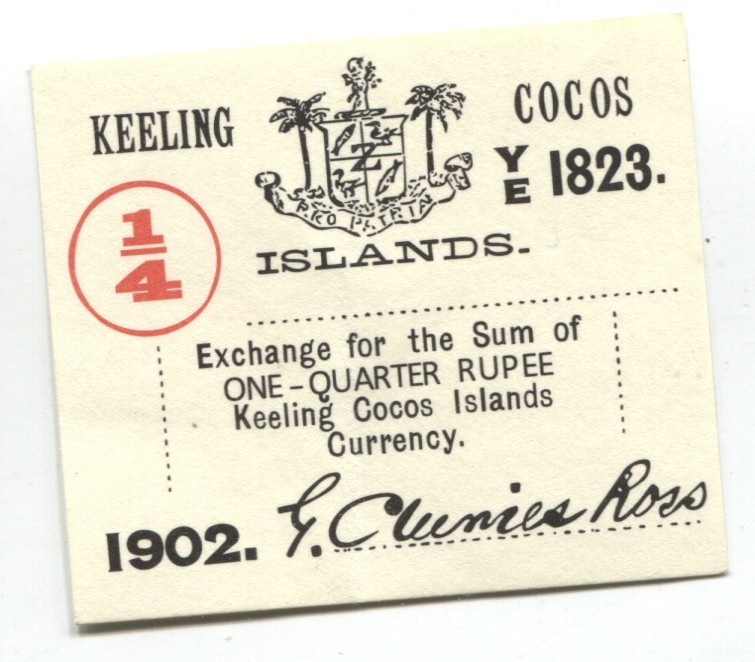 Keeling Cocos Islands 1902 1/4 Rupee Note P#S124 XF/AU See Scans