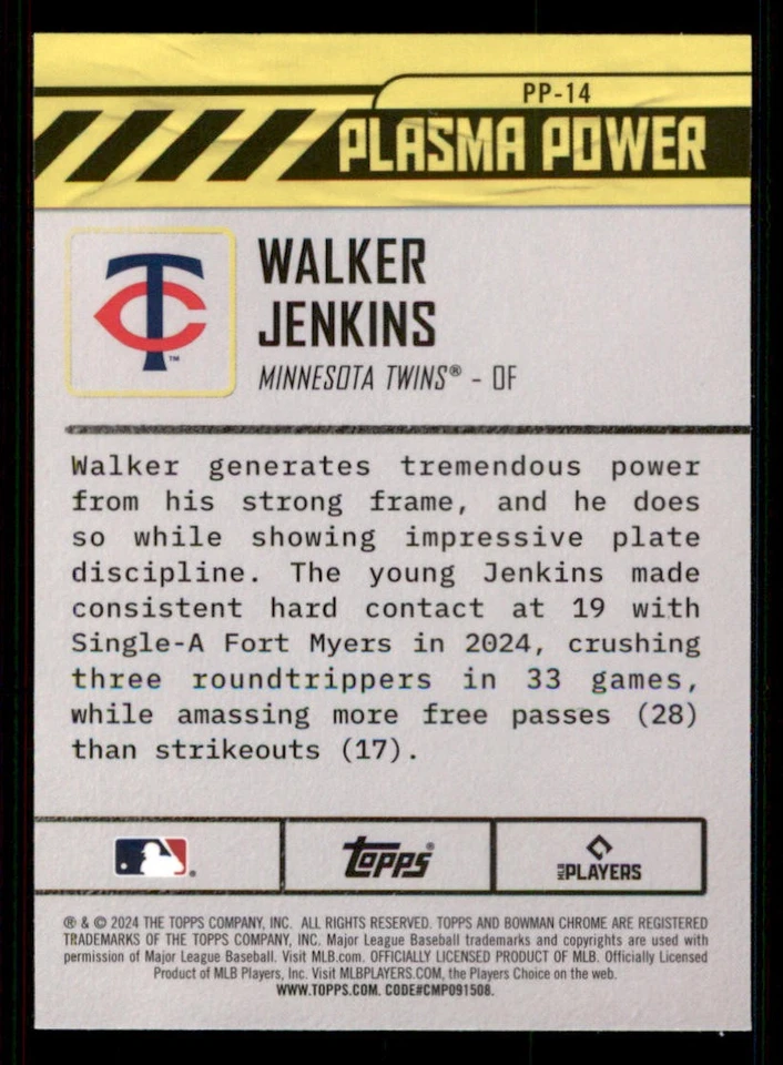 2024 Bowman Chrome Draft Plasma Power #PP14 Walker Jenkins - Image 2 of 2
