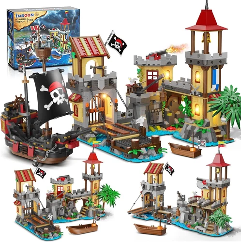 1502 PCS Pirate Castle Building Set, 3 Modes Big Pirates Ship Bay Building Block