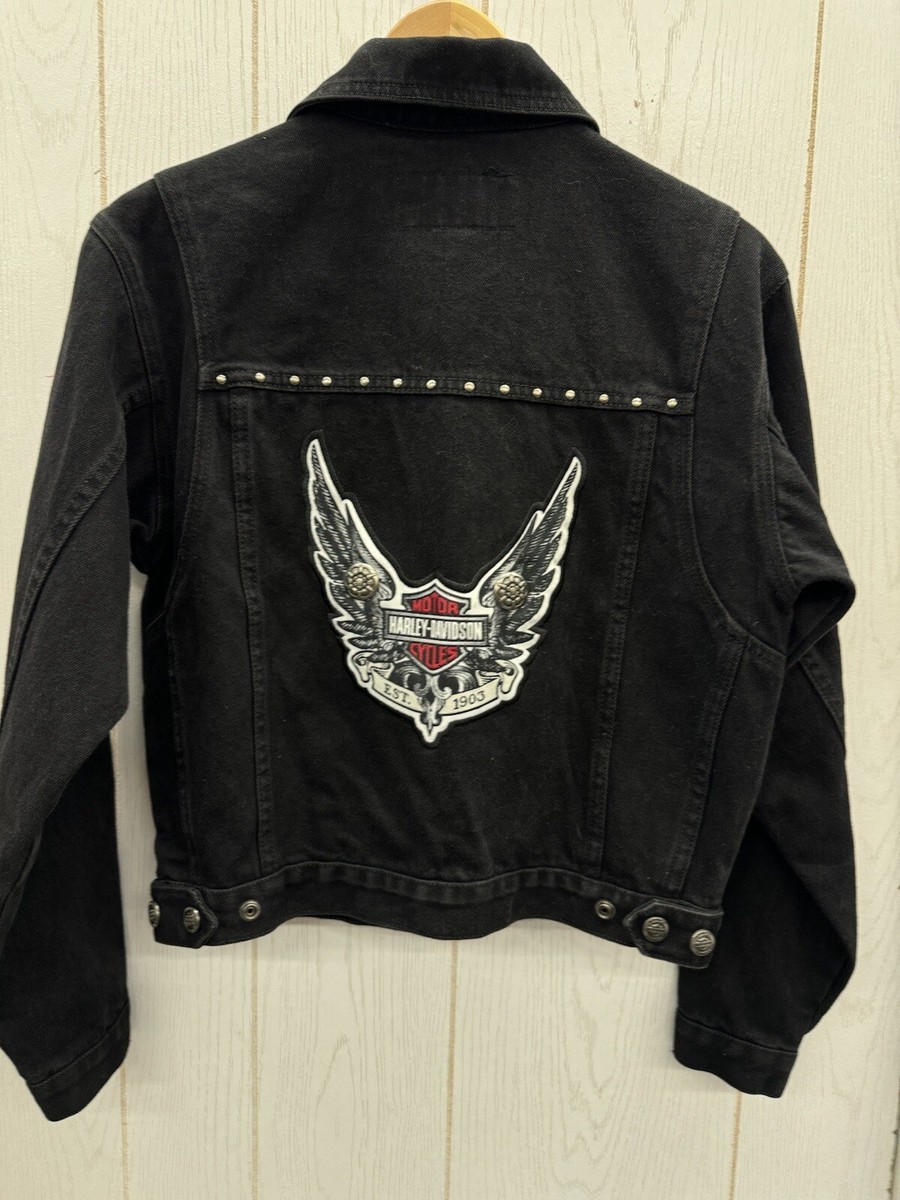 Vtg Harley Davidson Angel Wings Stud Embellished Denim Jean Jacket
