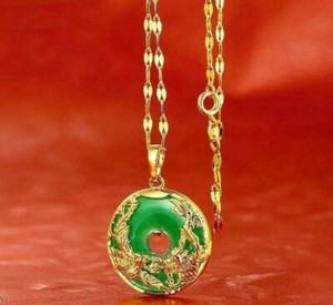 Authentic 24K Gold Plated Dragon Phoenix Pendant Malaysia Jade Jewelry Chain Necklace 1"