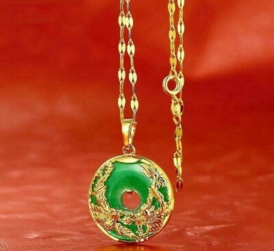 24K Gold Plated Dragon Phoenix Pendant Malaysia Jade Jewelry Chain