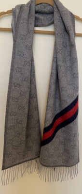 gucci wool blend logo stripe scarf