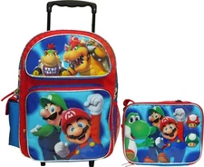 Super Mario 16" Large Rolling School Backpack with Lunch Bag