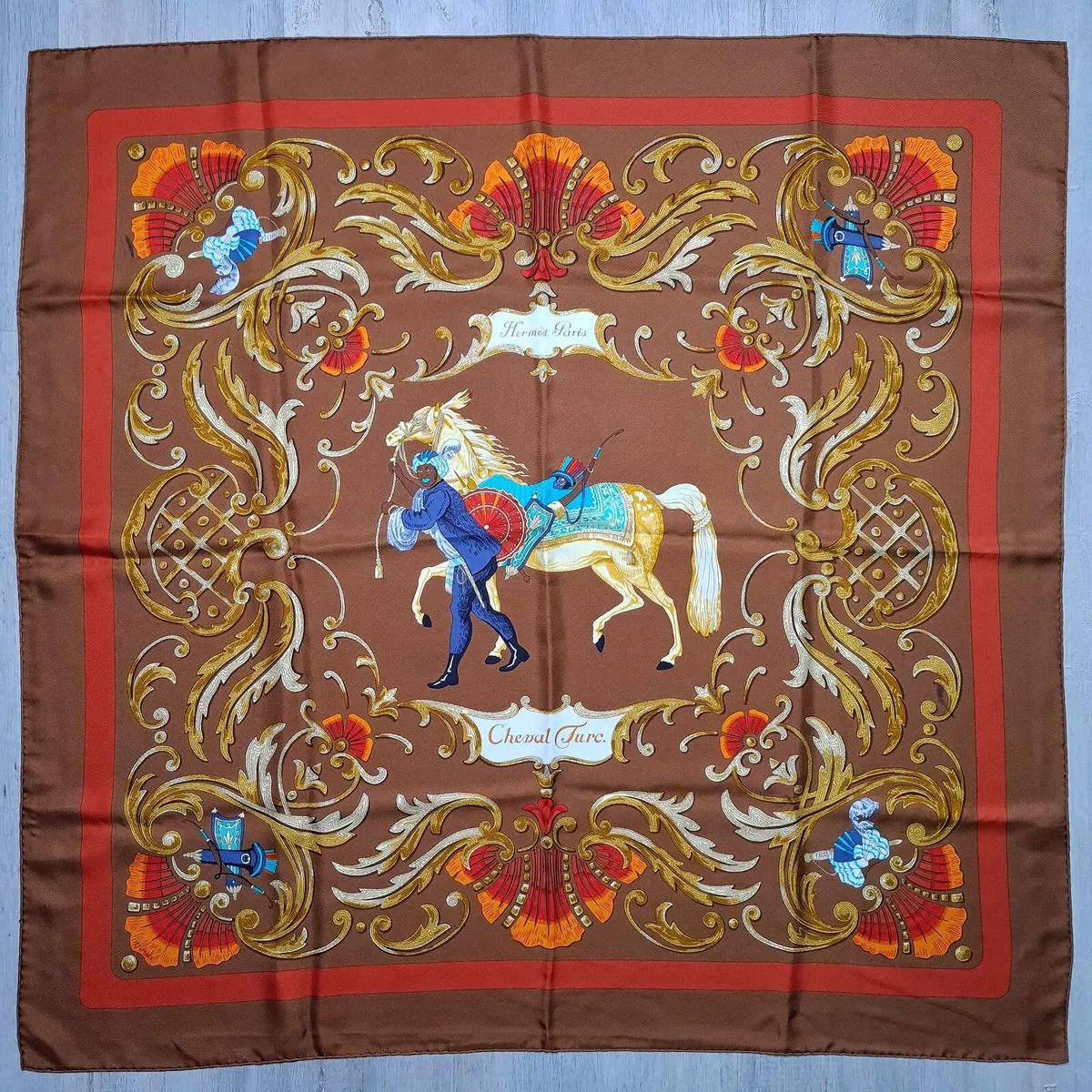 HERMES PARIS Scarf Carre 90 CHEVAL JURC Horse Made in FRANCE 100% SILK