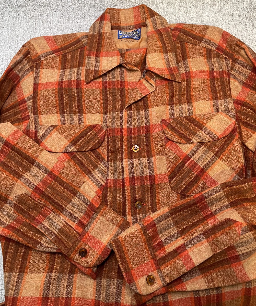 Vintage 60s Pendleton Orange Plaid Wool LS Board Shirt Mens M