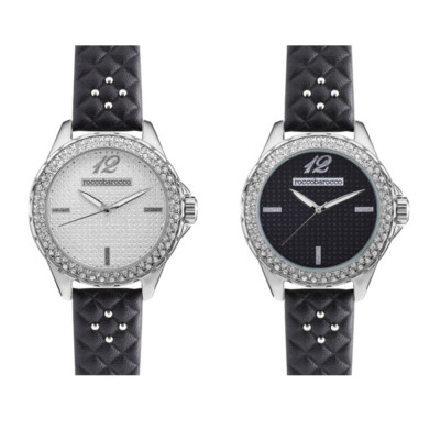 ROCCOBAROCCO STARDUST Black Leather Swarovski RB Logo Lady Women's Watch NEW