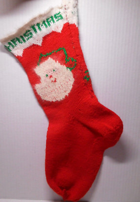 Hand KNIT Christmas Stocking Vintage 1950's Angora SANTA Merry Christmas