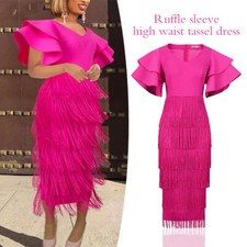 Women Tassel Dress V Neck Fringe Highwaist Party Ruffles Sleeves Suit Summer
