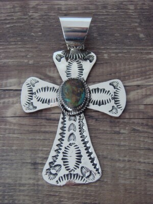Navajo Indian Nickel Silver Turquoise Cross Pendant Signed JC