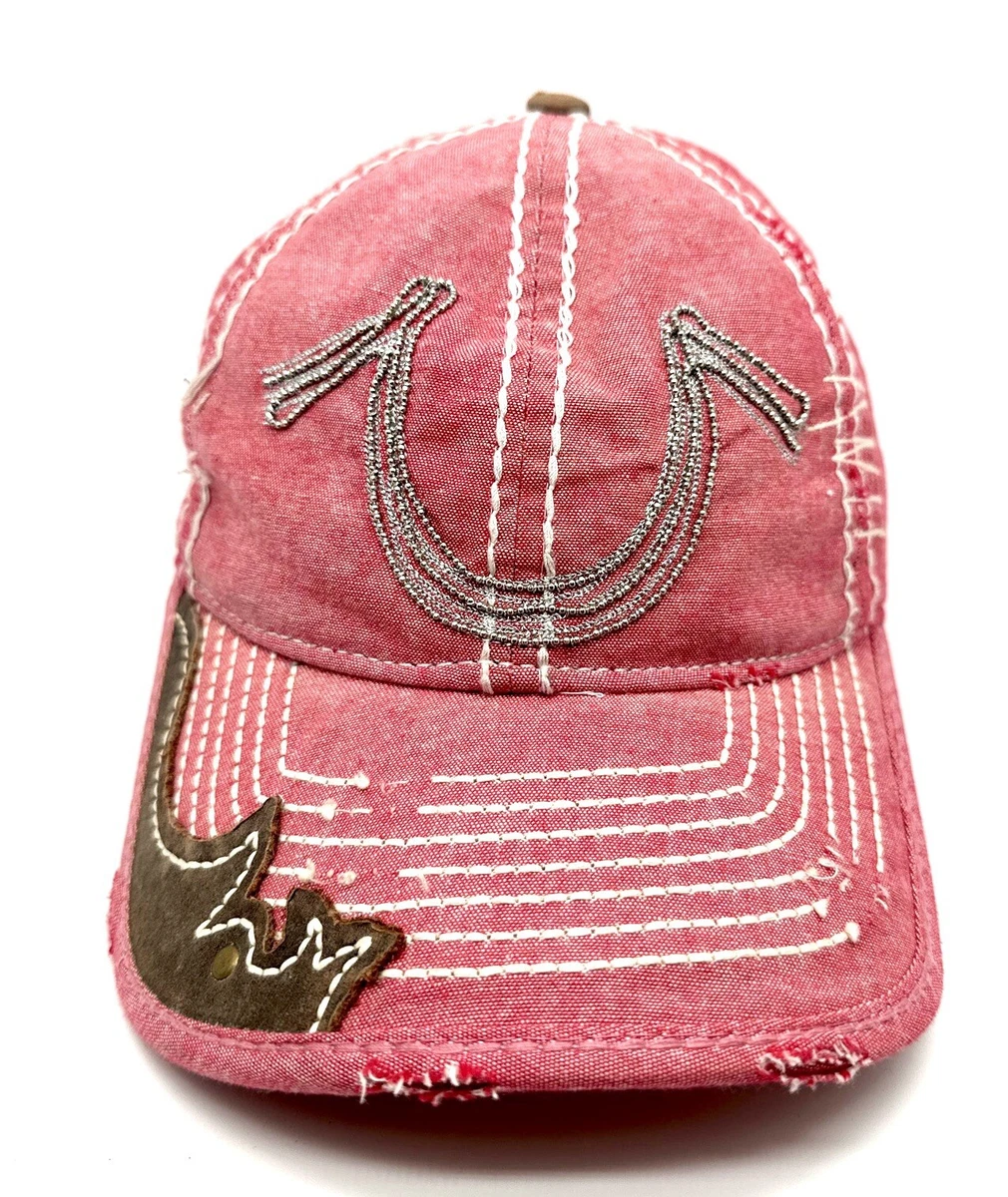 True Religion Vintage Horseshoe Logo Distressed Beaded Pink Baseball Cap Hat
