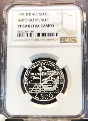 1991 ITALY SILVER 500 LIRE ANTONIO VIVALDI NGC PF 69 ULTRA CAMEO SCARCE TOP POP