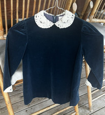 Vintage Girls Ruth of Carolina Blue Velvet Dress Crochet collar cuffs Size T4
