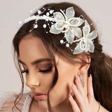 Flower Headband Silver Bride Wedding Headpiece Pearl Bridal Headbands Wedding...