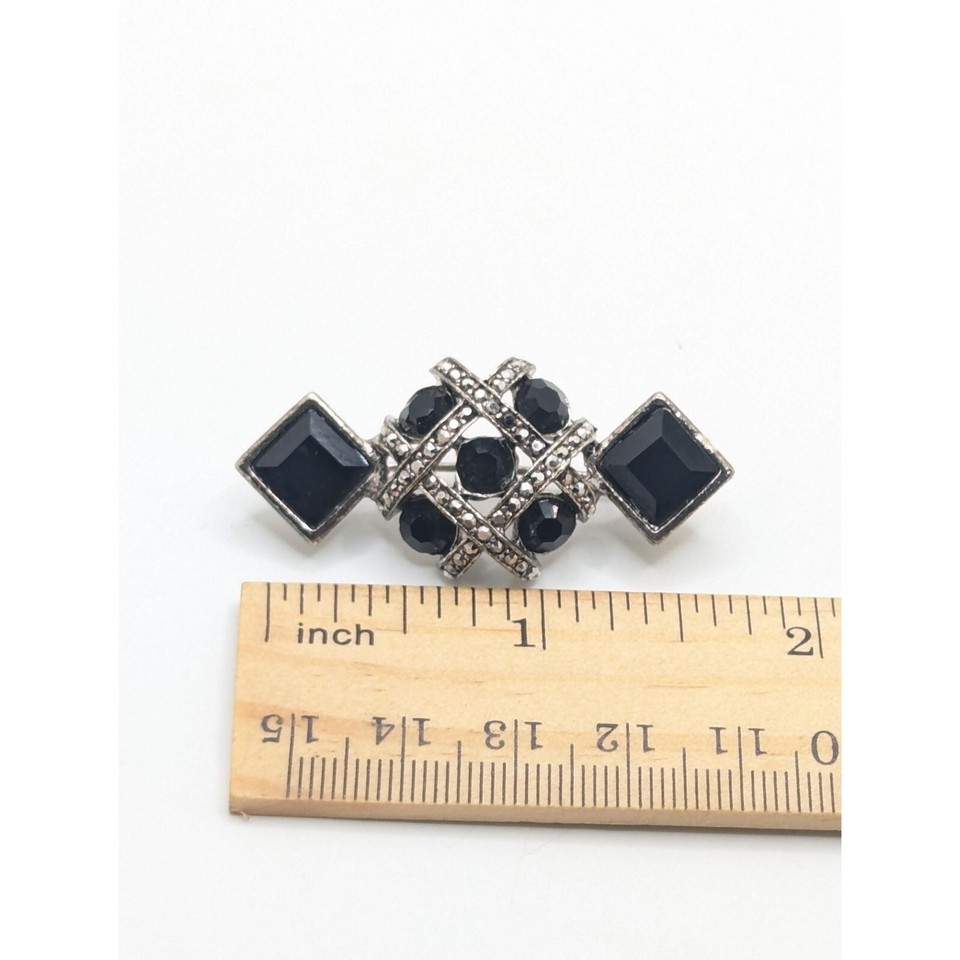 Vintage RJ Graziano Black Marcasite Silver Black Art Deco Brooch Lapel