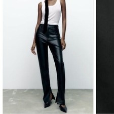 Zara Faux Leather Black Flare Trousers High Waist Pants Slits by Hem Size 4