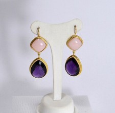 Boucles D'Oreilles en Argent 925 Dorés Carre Opale Rose Gouttes Améthyste Idro.