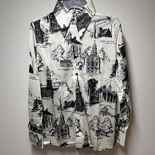 Vtg 70s Arnel Nylon Men  s Dress Shirt Long Sleeve Black And Cream Print Size M