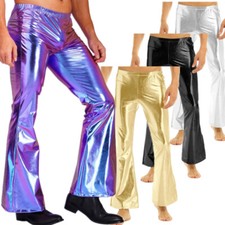 Men's Shiny Metallic 60 70s Disco Long Pants Bell Bottoms Dance Trousers Costume