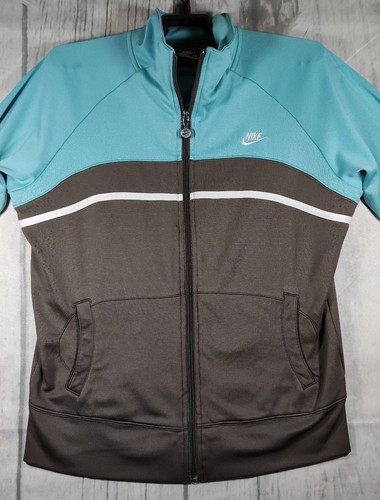 Nike Trainingsjacke mit durchgehendem Reißverschluss Damen silberfarbenes Etikett blaugrün grau Größe Medium 20x22 Vintage Y2K