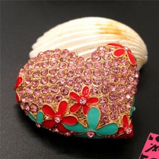 New Fashion Women Pink Enamel Rhinestone Flower Heart Love Charm Brooch Pin
