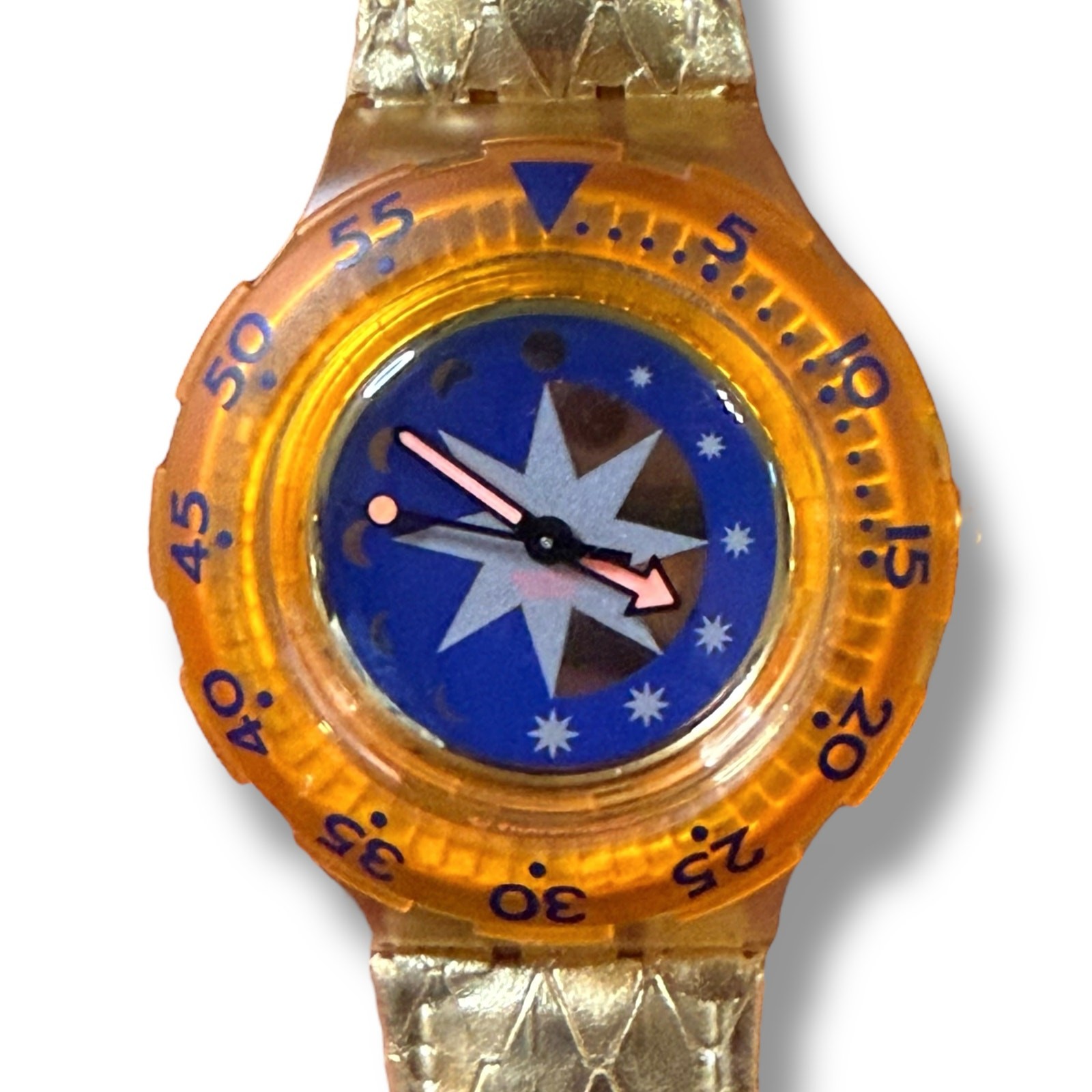 Vintage Swatch Scuba 200 Golden Island model SDK112 Orange Gold Blue Quartz RUNS
