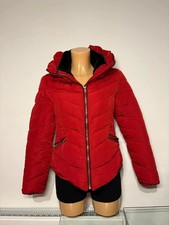 Zara Women’s Red Puffer jacket raincoat with zip hood an black faux fur -size S