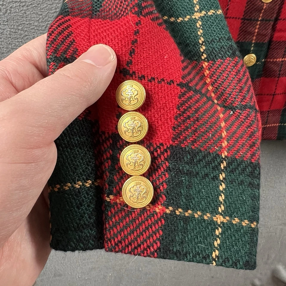 Blazer Talbots para mujer 6 rojo verde a cuadros lana terciopelo cuello botones dorados de colección EE. UU. Foto 3 de 4