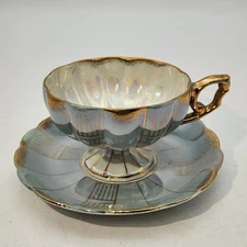 Vintage Royal Sealy China Japan Footed Tea Cup Saucer Blue Gold Lusterware 1940s