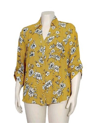 By & By Blouse XXL Yellow Floral Chiffon Sheer Roll Tab Sleeve Tunic Top NWOT